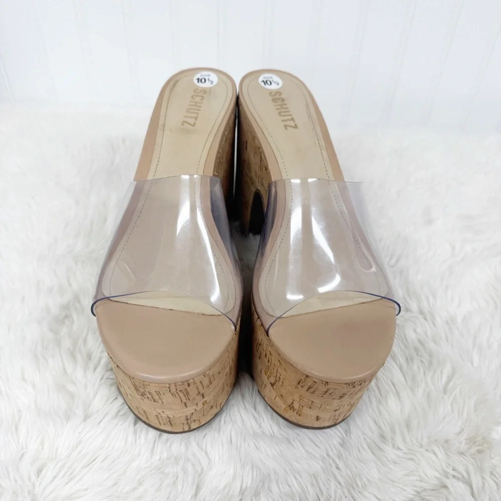 SCHUTZ Dalle Clear Cork Platform Sandal Size‎ 10.5 Chunky Heel Peep Toe Y2K
